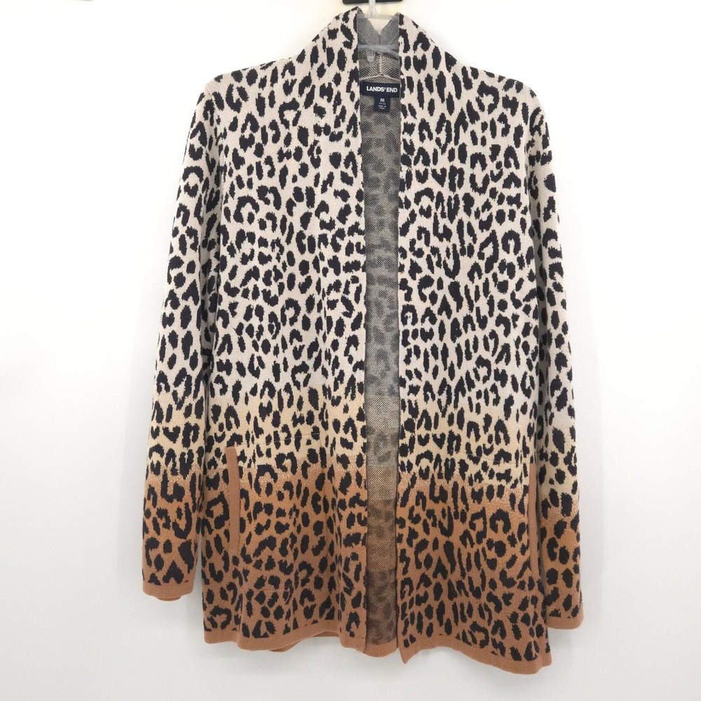 Lands End Cardigan Women M 10-12 Tan Leopard Ombre Open Front Cotton Sweater